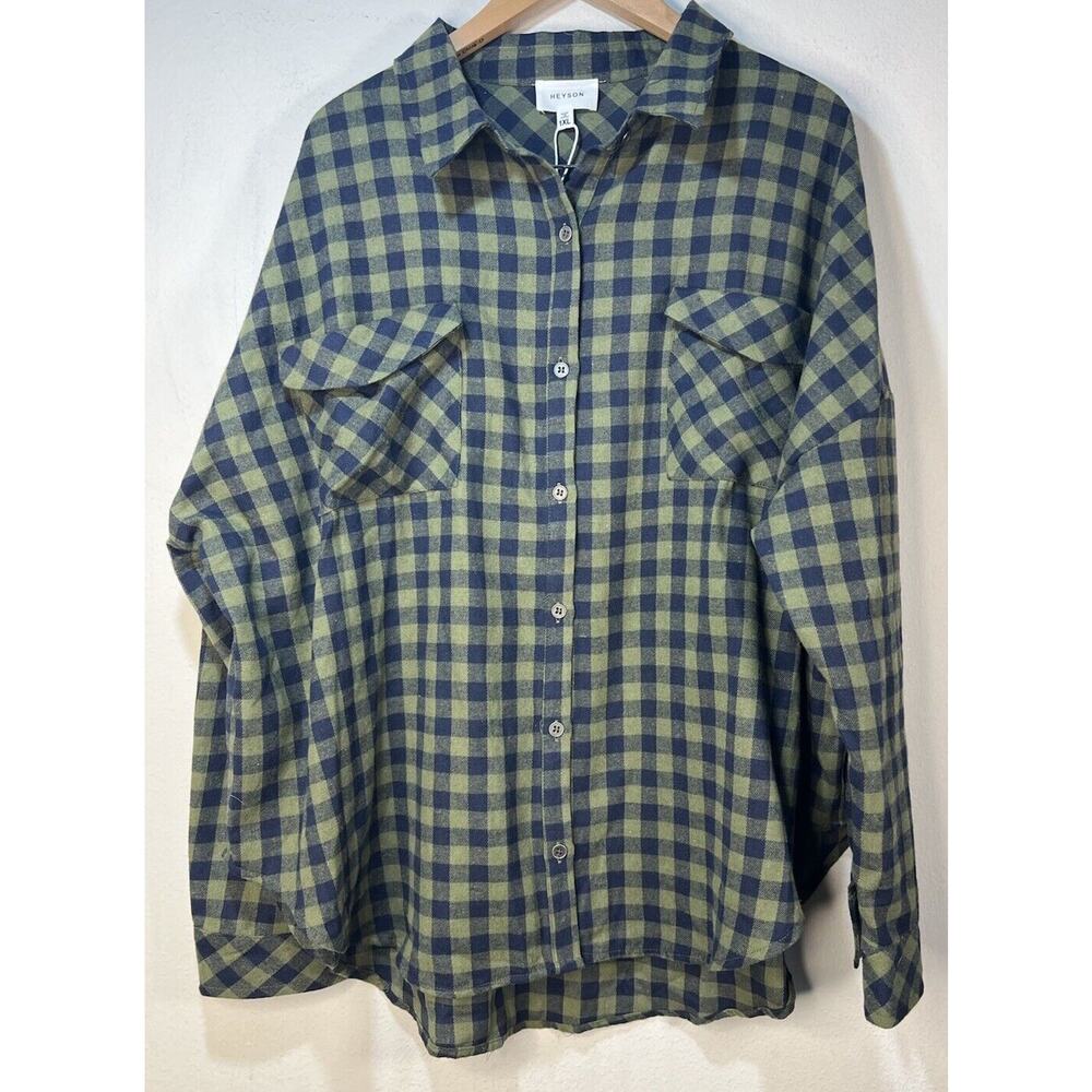 Heyson Dip Dye Oversized Button Up Tunic Shacket Olive Green Plaid NWT 1XL